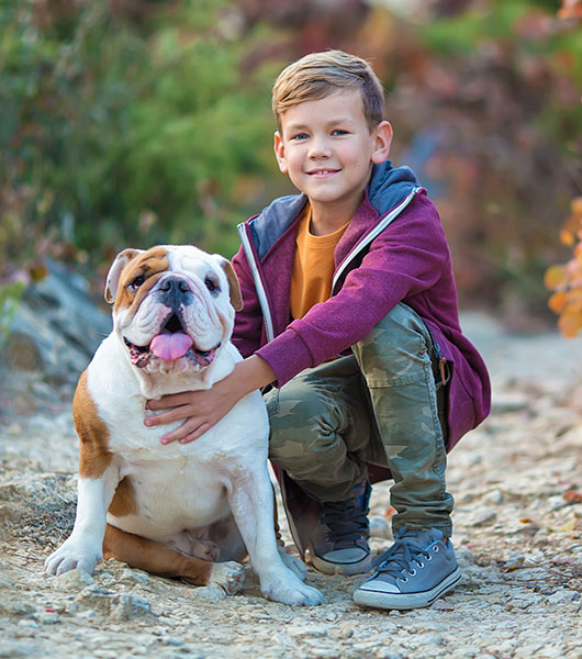 Cute handsome stylish boy enjoying colourful autumn park with his best friend red and white english bull dog.Delightfull scene of pretty boy together with bulldog in forest. Young teenager smiling .